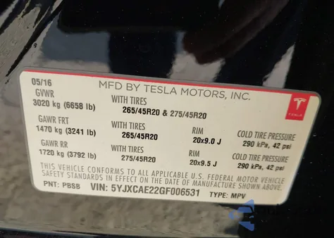 2016 Tesla Model X 60D/70D/75D/90D из США, поврежденный, VIN 5YJXCAE22GF006531
